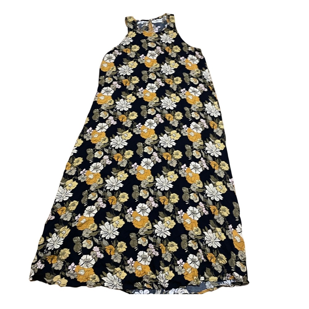 Natural Life Womens L/XL Floral Sleeveless Maxi Dress Black Yellow Rayon Pockets